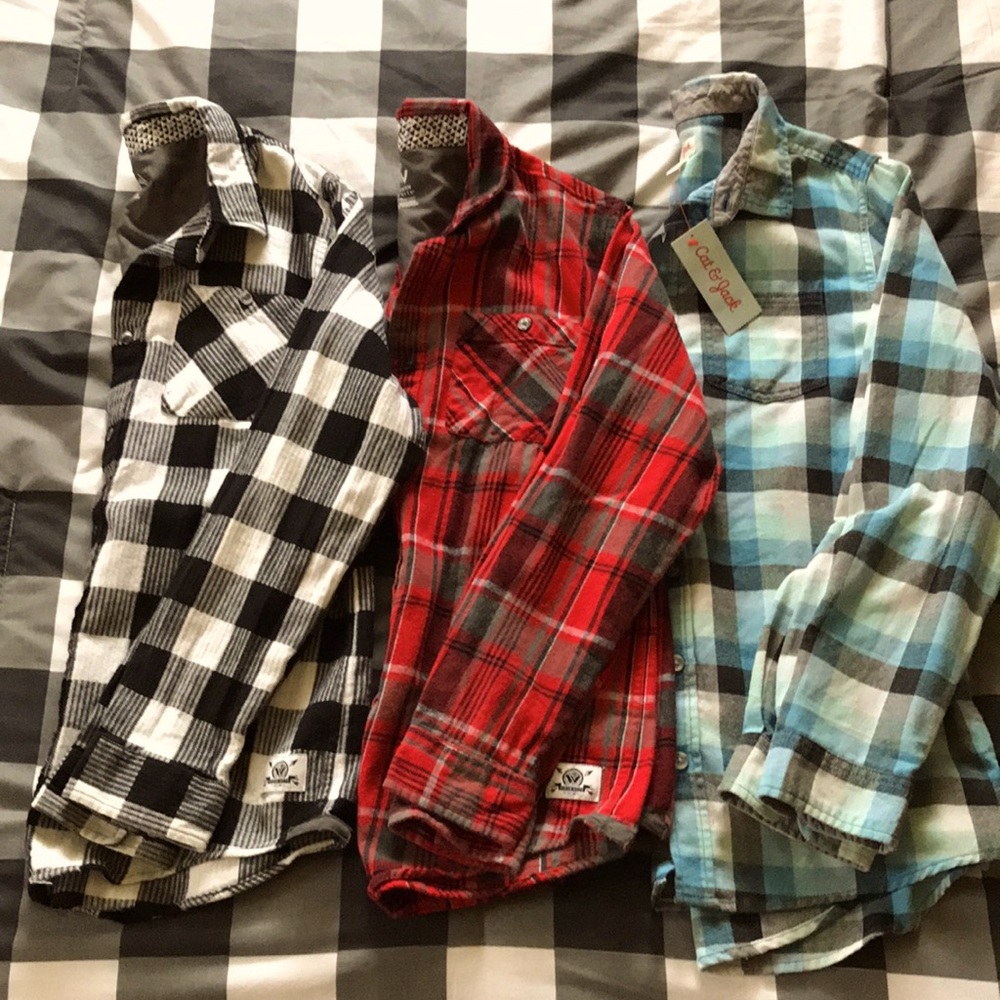 Set 3 Boys SHAWN WHITE and CAT & JACK Warm Flannel Button Up L/S Shirts Sz XL 16